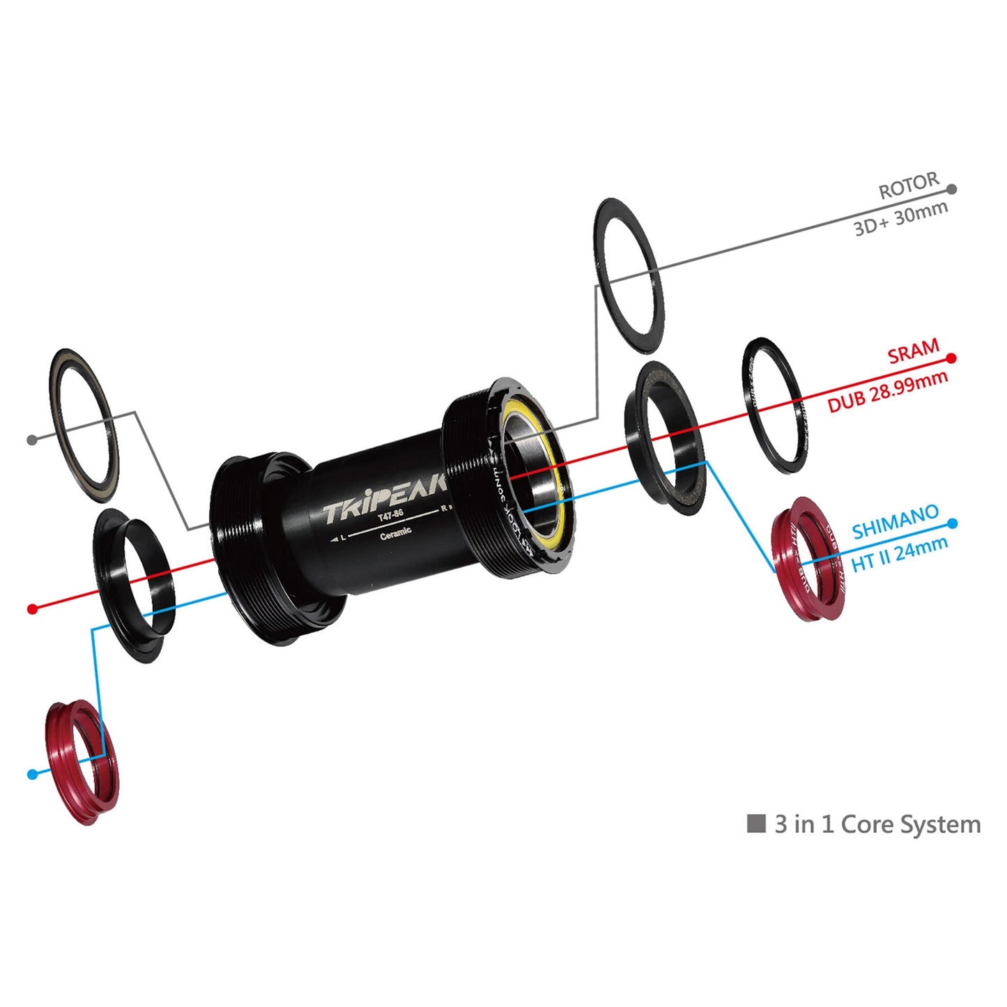 Tripeak ceramic 3-in-1 pressfit BB86/92 integrated MTB-road bottom bracket for 24mm/28.99mm/30mm spindle (Shimano/Sram dub/Rotor compatible)