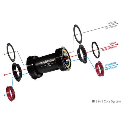 Integrated bottom bracket housing for press-fit road bikes 3-in-1 Tripeak ceramic bottom bracket 63 mm diameter 65 mm for 24 mm/28.99 mm/30 mm axle (compatible with Shimano/Sram DUB/Rotor 3D+)