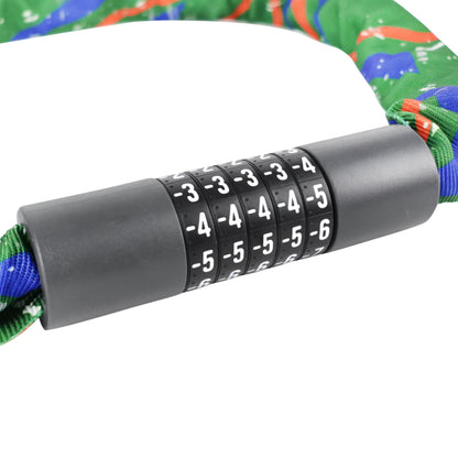 Bicycle/scooter chain lock with code, steel, 95 cm long, multicolored with dominant green - security level 8