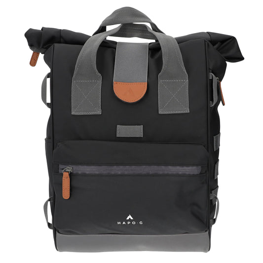 Hapo.g Roll-Top Rear Bicycle Bag, Black, Medium, Convertible Backpack, 53x27x16cm, sold individually / strap attachment to pannier rack