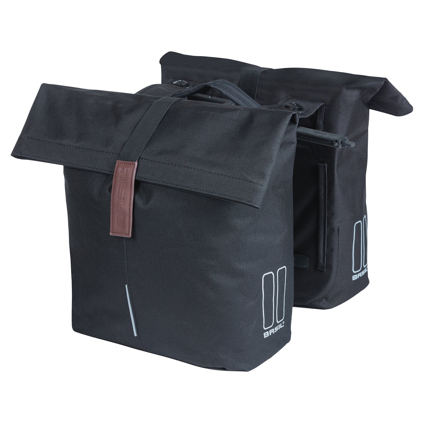 Sacoche arrière vélo double Basil city noir 28-32l fixation porte bagage fixation système mik 2.0 33x30x19cm fermeture pliante anti-pluie
