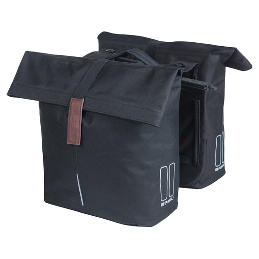 Sacoche arrière vélo double Basil city noir 28-32l fixation porte bagage fixation système mik 2.0 33x30x19cm fermeture pliante anti-pluie