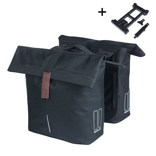 Sacoche arrière vélo double Basil city noir 28-32l fixation porte bagage fixation système mik 2.0 33x30x19cm fermeture pliante anti-pluie