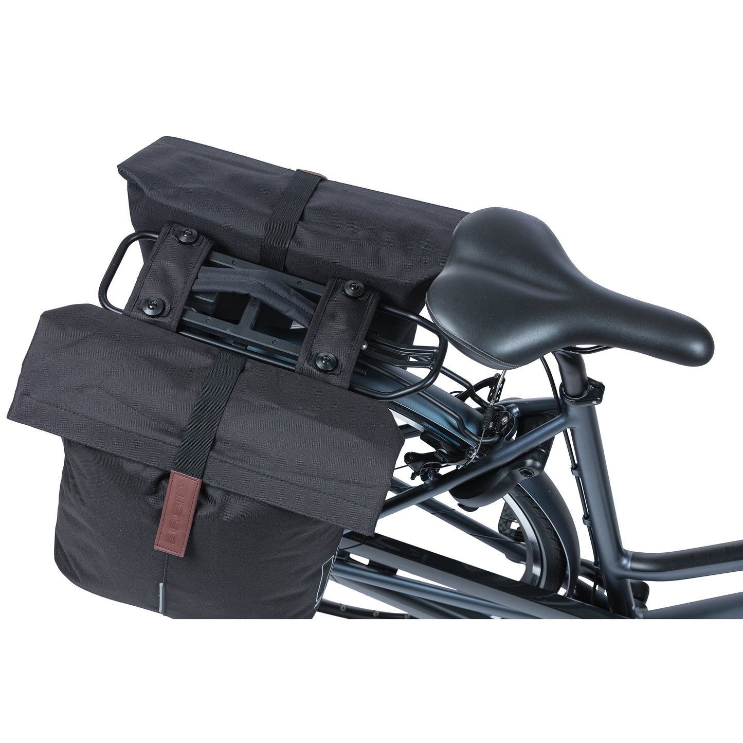 Sacoche arrière vélo double Basil city noir 28-32l fixation porte bagage fixation système mik 2.0 33x30x19cm fermeture pliante anti-pluie