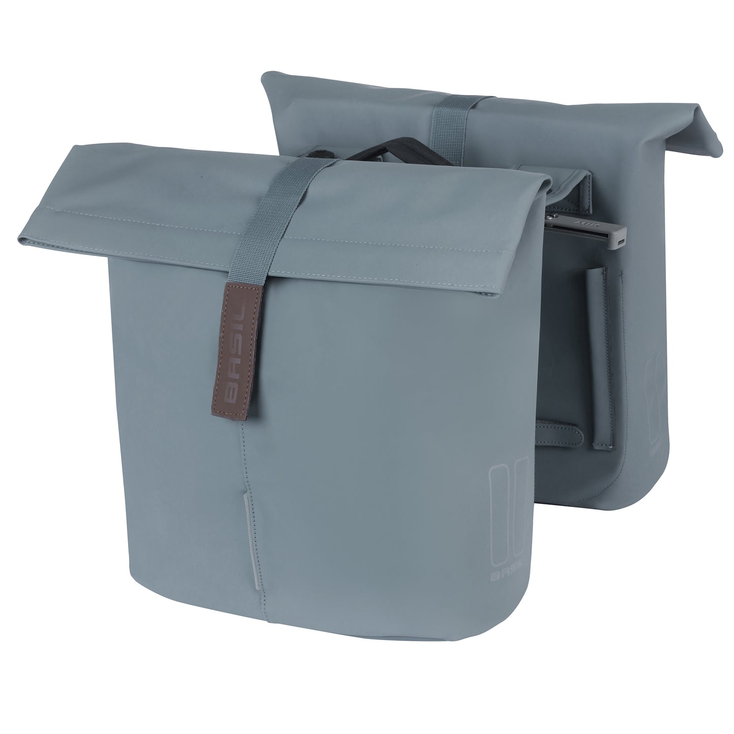 Sacoche arrière vélo double Basil vegan bleu imitation cuir 28-32l fixation porte bagage fermeture pliante anti-pluie avec réflechissant fixation système mik