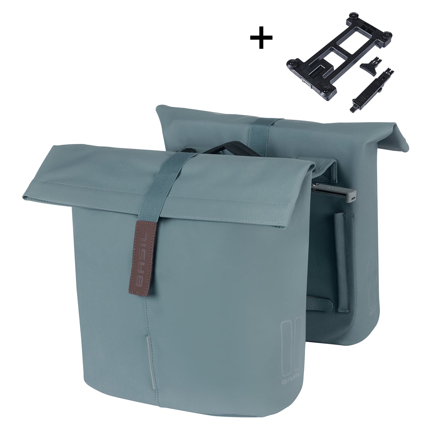 Sacoche arrière vélo double Basil vegan bleu imitation cuir 28-32l fixation porte bagage fermeture pliante anti-pluie avec réflechissant fixation système mik