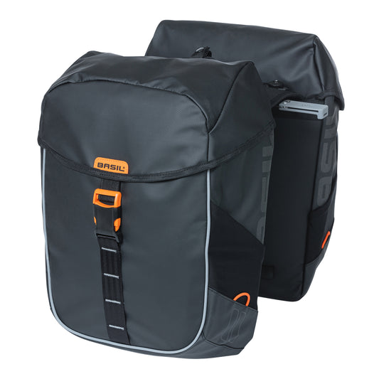Sacoche arrière vélo double Basil miles waterproof 34l noir-orange pour système mik 2.0 sur porte bagage 37x13x25cm