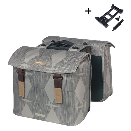Sacoche arrière vélo double Basil élegance 40l taupe fixation velcros sur porte bagage 36x32x16 cm compatible système mik 2.0