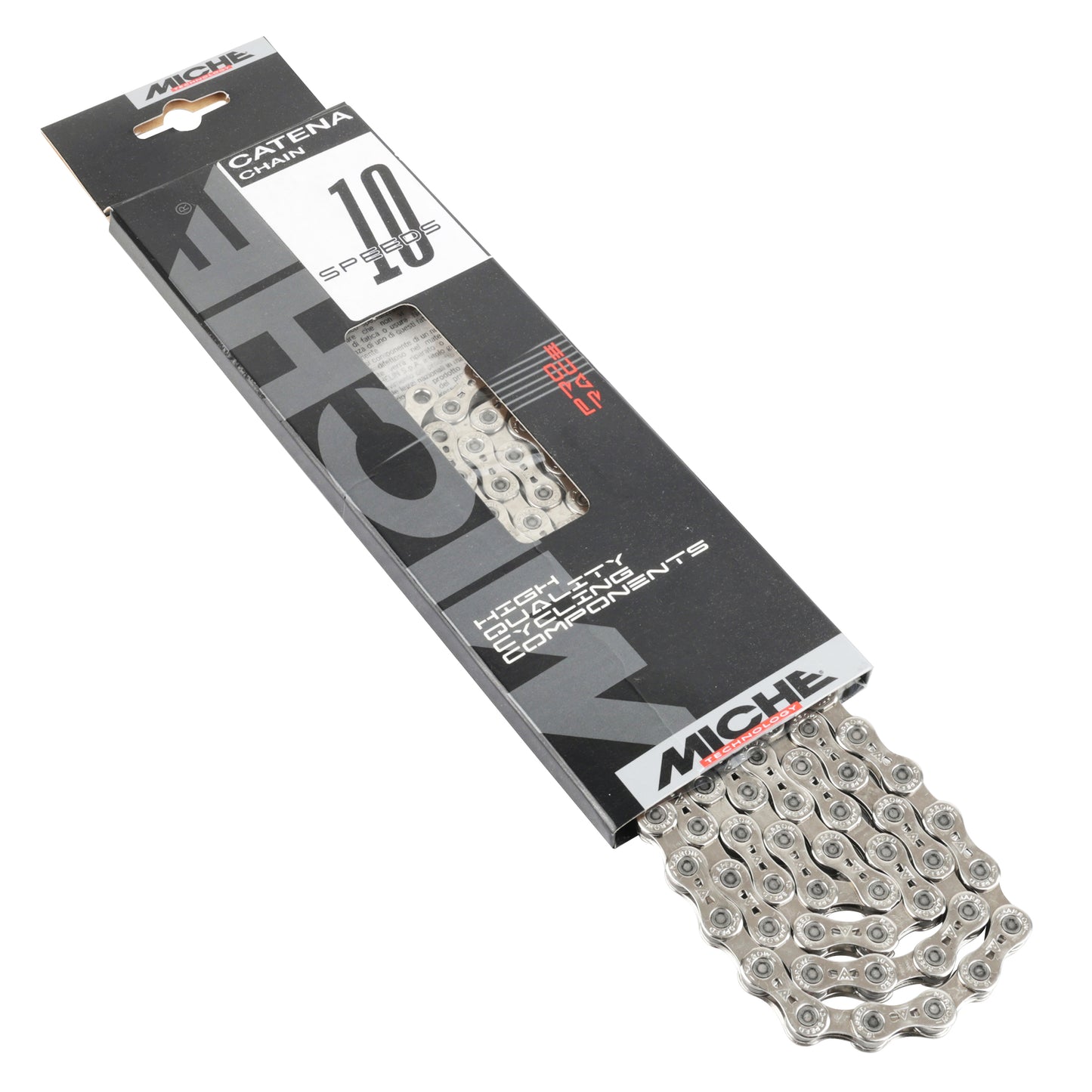 10-speed bicycle chain. Miche strada black 116 links (1-2"x3-32") Shimano and Campagnolo compatible