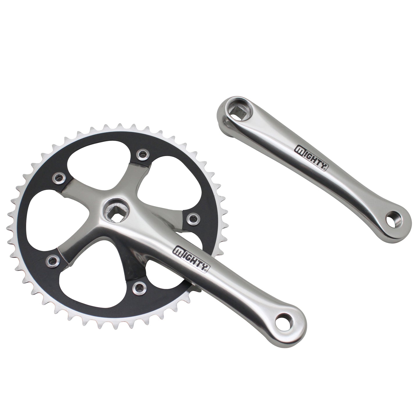 Silver aluminum fixie road crankset 165, 46 teeth chainring