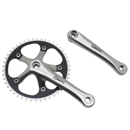 Silver aluminum fixie road crankset 165, 46 teeth chainring