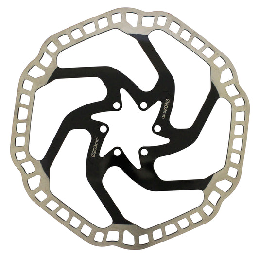 Disque de frein VTT 6 trous Newton Brakco compatible Shimano et autres 203mm argent centre noir + 6 vis compatible sur-ron