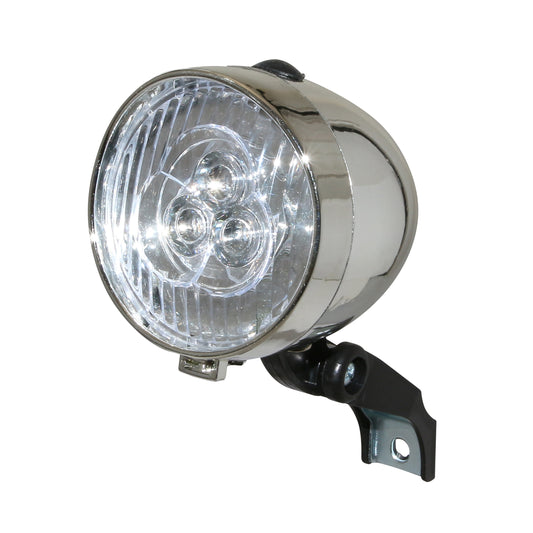 Eclairage vélo à pile avant sur fourcherétro à led diam 70mm chrome livré avec 3 piles aaa PCP