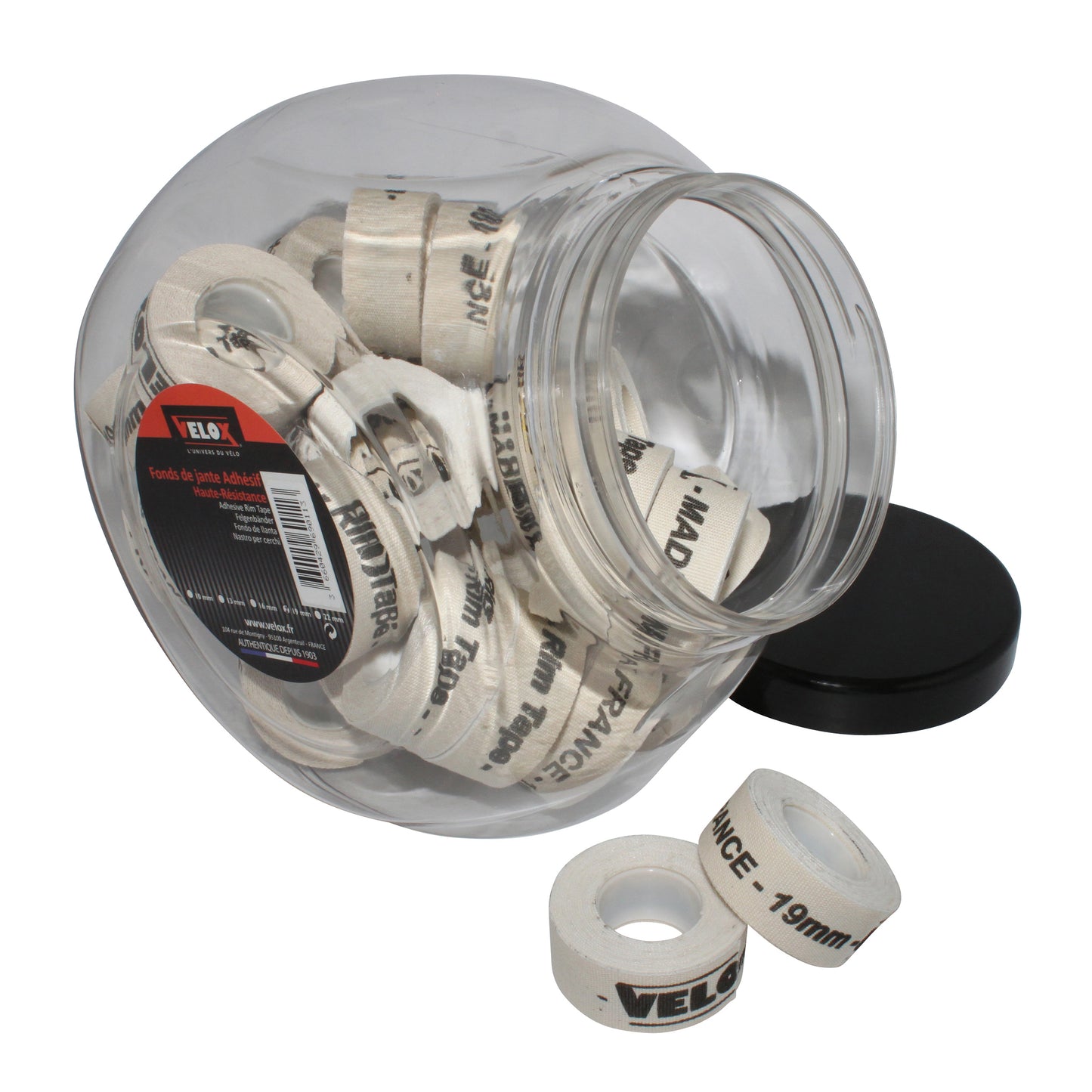 Fond de jante Velox tresse adhésif en 19mm longueur 2m jarre de 30 rouleaux